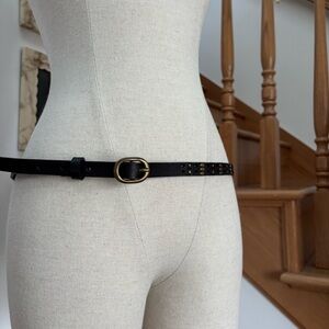 Black Leather Slim Waist Belt with Brass Tone Studs